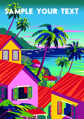 Caribbean Island landscape with traditional boats, palm trees, houses and the sea in the background. Handmade drawing vector illustration. Retro style poster.