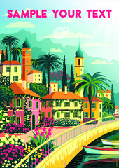 Mediterranean romantic landscape. Handmade drawing vector illustration. All buildings - customizable different objects. Can be used for posters, banners, postcards, books. - obrazy, fototapety, plakaty