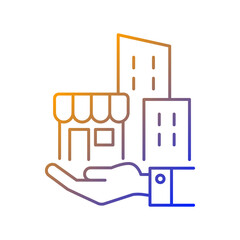 Obraz premium Building ownership gradient linear vector icon. Real estate business. Hand holds architectural structures. Thin line color symbols. Modern style pictogram. Vector isolated outline drawing