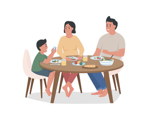 Little boy using smartphone while eating semi flat color vector character. Full body people on white. Irritated parents isolated modern cartoon style illustration for graphic design and animation