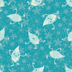 Cute kawaii leaf aqua blue white seamless vector pattern background. Happy laughing dancing cartoon leaves on floral textured backdrop. Hand drawn motifs in scattered duotone design. Repeat for kids