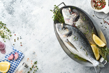 Raw dorado fresh fish or sea bream with ingredients for making lemon, thyme, garlic, cherry tomato and salt on light grey slate, stone or concrete background. Top view with copy space.