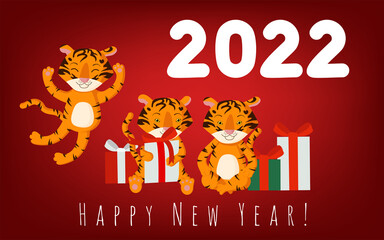 Happy New Year. 2022. Chinese symbol of the New Year 2022. Creative postcard design with tigers and gifts. Vector illustration for congratulations. New year banner on burgundy background