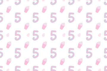 Kids seamless background. Decorative childish pattern. Trendy doodle illustration. Cartoon style. Number five. Cotton candy.
