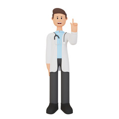 3d render cartoon character doctor wearing uniform and stethoscope pointing up