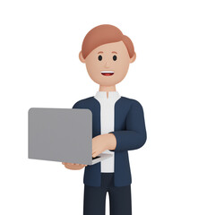 3d rendering smiling man cartoon character with laptop