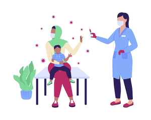 Mother with child refuses vaccine semi flat color vector characters. Full body people on white. Religious exemption isolated modern cartoon style illustration for graphic design and animation
