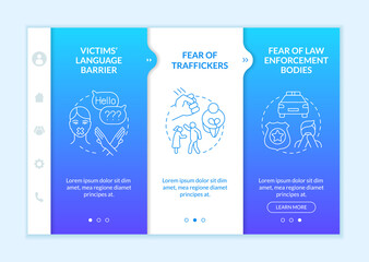 Human trafficking victims blue onboarding vector template. Responsive mobile website with icons. Web page walkthrough 3 step screens. Coercion consequences color concept with linear illustrations