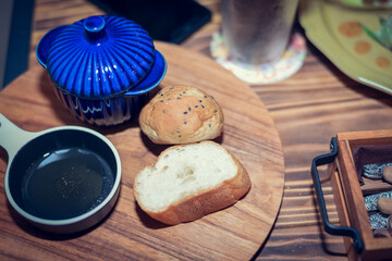 Bread meal on a wooden board. 