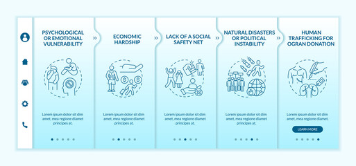 Human trafficking causes onboarding vector template. Responsive mobile website with icons. Web page walkthrough 5 step screens. Factors lead to trafficking color concept with linear illustrations
