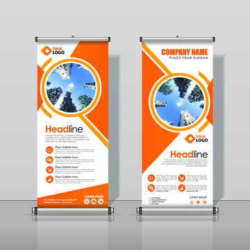 Orange, Roll up Business Banner Design Vertical Template Vector, Cover Abstract Modern X-Banner, Brochure Flyer Banner Rectangle Size.