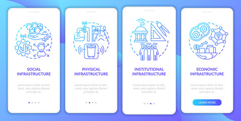 Fototapeta na wymiar City infrastructures onboarding mobile app page screen. Way of urban governing walkthrough 4 steps graphic instructions with concepts. UI, UX, GUI vector template with linear color illustrations