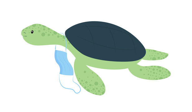 Tortoise with discarded surgical face mask semi flat color vector character. Full body animal on white. Hazard for wildlife isolated modern cartoon style illustration for graphic design and animation