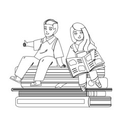 Kids Education In Kindergarten Classroom Black Line Pencil Drawing Vector. Preteen Boy And Girl Reading Books On Kids Education Lesson. Pupils Learning Together, Preparing For School Illustration