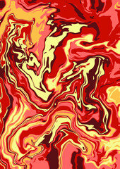 Fluid art texture. Abstract background with swirling paint effect. A4. Liquid acrylic picture that flows and splashes. Mixed paints for interior poster. yellow, pink and burgundy overflowing