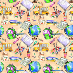 Watercolor cute back to school vintage style seamless pattern 