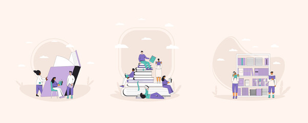 People with books set. Literature fans collections. Reading togehter scenes.