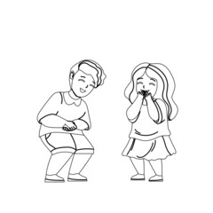 Kids Laughing Together From Funny Joke Black Line Pencil Drawing Vector. Little Happy Children Boy And Girl Couple Laughing, Positive Emotion. Preteen Brother And Sister Leisure Time Illustration