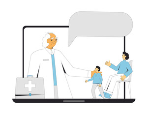 Online medical consultation. Telemedicine. Family doctor distant advise. Health care by internet. Mother and son have a healthcare remote services.