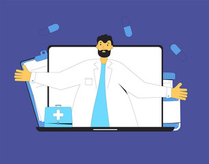 Online medical consultation. Telemedicine. Doctor distant advise. Health care by internet. Healthcare services.