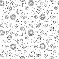 Cute space vector seamless pattern. Doodle Cartoon planets, comet, satellite and stars. Hand drawn vector illustration. 
