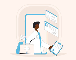 Online medical consultation. Telemedicine. Doctor distant advise. Health insurance. Healthcare services.