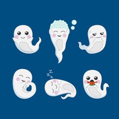 Collection of cute cartoon ghosts - sleeping, eating watermelon, taking a shower. etc. Decorative design elements for Halloween. Vector flat design illustration