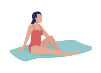 Young woman sunbathing on beach semi flat color vector character. Posing figure. Full body person on white. Taking sunbath isolated modern cartoon style illustration for graphic design and animation