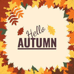 Autumn background frame design with hello autumn text and colorful maple leaves. Fall season greetings, advertising, sale design concept. Flat design vector illustration