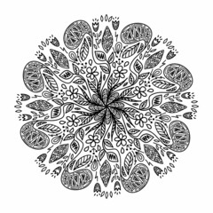 Floral vector mandala with flowers and leaves in doodle style isolated on white background. Funny coloring and cute illustration for seasonal design, textile, decoration kids playroom or greeting card