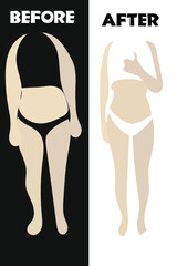 Vector illustration about losing weight, which demonstrates the result of a diet or a healthy lifestyle. Before and after. With a black and white background. Fat girl. Skinny girl.