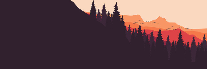 mountain forest sunset flat design vector banner template good for web banner, ads banner, tourism banner, wallpaper, background template, and adventure design backdrop  © FahrizalNurMuhammad