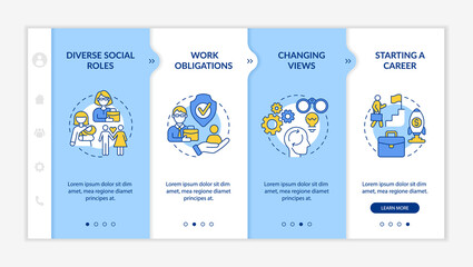 Diverse social roles onboarding vector template. Responsive mobile website with icons. Web page walkthrough 4 step screens. Starting a career color concept with linear illustrations