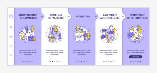 Fototapeta na wymiar Launching adult children onboarding vector template. Responsive mobile website with icons. Web page walkthrough 5 step screens. Senior years color concept with linear illustrations