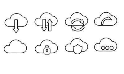 A set of cloud loading icons in black and white. Cloud data.