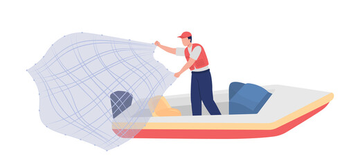 Fisherman with throw net semi flat color vector character. Full body person on white. Catching fish, shrimp on boat isolated modern cartoon style illustration for graphic design and animation - obrazy, fototapety, plakaty