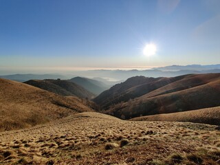 Beautiful view form the mountain Mottarone over Lago Maggiore and Lago di Orta in italian Alps Italy 