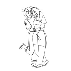 Laugh Women Friends Embracing Together Black Line Pencil Drawing Vector. Multiracial African And Caucasian Laugh Women Stay And Embracing In Night Club. Emotional Characters Smiling Illustration