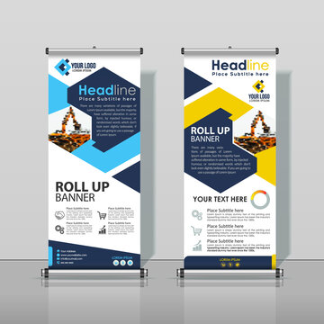 Blue, Black, Yellow, Roll up Banner Design, Construction, Business Abstract Vertical Template Vector, Cover Abstract Modern X-Banner, Brochure Flyer Banner Rectangle Size.
