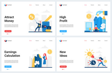 Business profit growth, businessman work to attract money vector illustration. Cartoon modern business concept landing page set with creative new idea project, economy, income earnings calculation