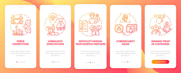 Challenges of launching startup red onboarding mobile app page screen. Business walkthrough 5 steps graphic instructions with concepts. UI, UX, GUI vector template with linear color illustrations