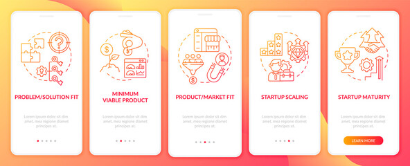 Startup lifecycle phases red onboarding mobile app page screen. Business launch walkthrough 5 steps graphic instructions with concepts. UI, UX, GUI vector template with linear color illustrations