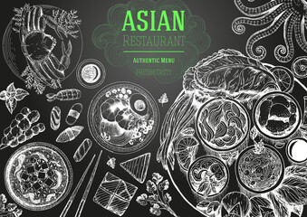 Asian cuisine top view frame. Food menu design with noodles, soup miso, sushi and set of traditional dishes. Vintage hand drawn sketch vector illustration.