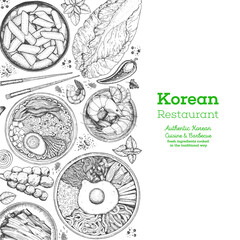 Korean food menu restaurant. Korean food sketch menu. Asian food background. Asian food poster. Set of dishes: bibimbap, kimchi, tteok-bokki, ramen. Vector illustration.