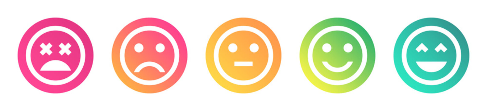 Feedback Emoji Icons. Review Sentiment Emoticon Icon Set With Different Mood Faces Including Happy, Sad, Good And Bad. 