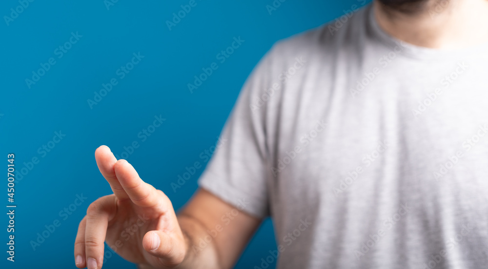 Poster Businessman pointing or touching finger in screen..
