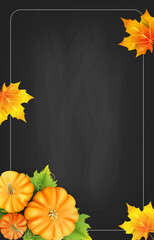 Dark background with pumpkins and autumn maple leaves, template for design, poster, flyer or menu.