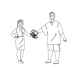 Obraz premium Mobile Payment Making Customer In Store Black Line Pencil Drawing Vector. Young Man Make Mobile Payment With Smartphone In Store For Purchase. Characters Digital Electronic Technology Illustration
