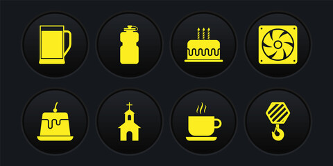 Set Pudding custard, Computer cooler, Church building, Coffee cup, Cake with burning candles and Sport bottle water icon. Vector