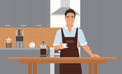 Coffeehouse kitchen interior with barista vector illustration. Cartoon smiling young barista hipster character in apron holding cup of coffee, making coffee drink at cafe or coffeeshop background